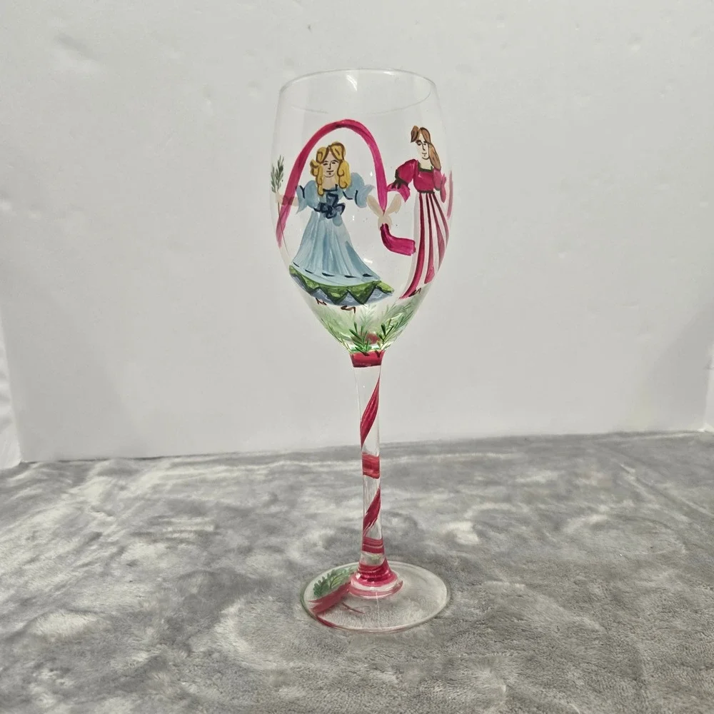 Hand Painted Christmas Wine Glass Victorian Women Holiday Candy Cane Stem